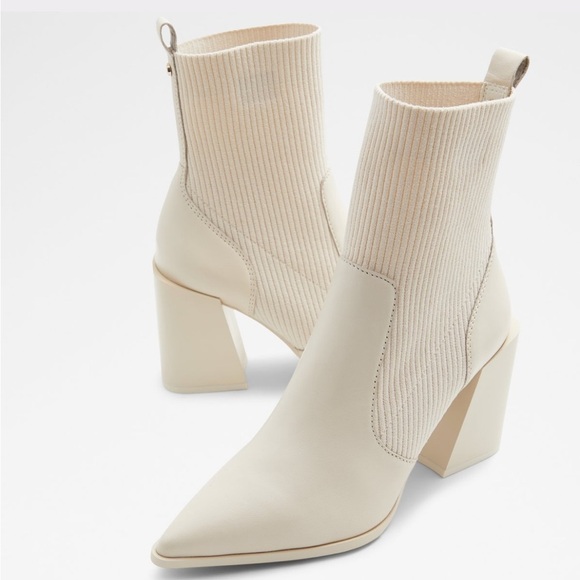 Aldo Ganina Leather Chelsea Block Heel Sock Bootie in Bone White Women’s Size 8 - Picture 1 of 10